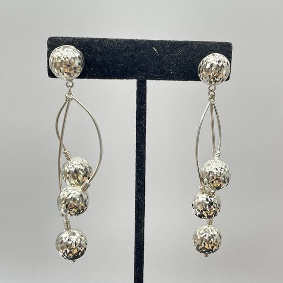 Sterling Silver 925 JJT Ball Bead Dangle Triple Drop Statement Earrings 3" Long - Picture 1 of 8